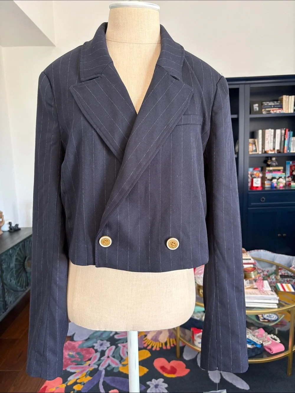 Free People Classic Navy Pinstripe Cropped Double-Breasted Blazer size M